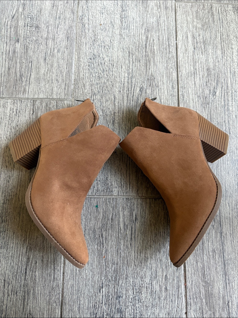 Sun + Stone Cognac Suede Pointed V-Cut Ankle Booties